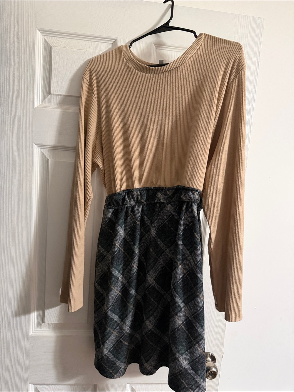 white birch Beige Ribbed Top with Black Plaid Skirt Long-Sleeve Dress